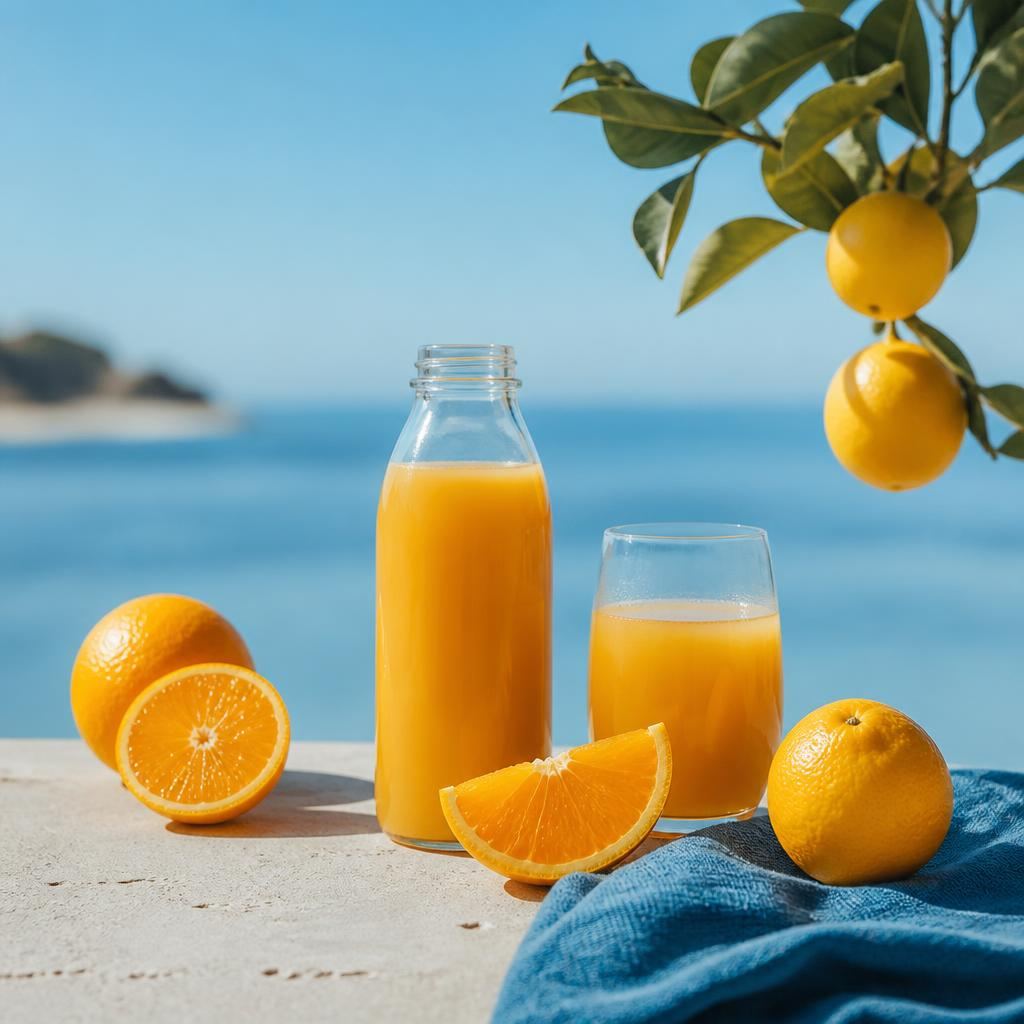 Boisson fruitée servie près de fruits frais et de feuillage