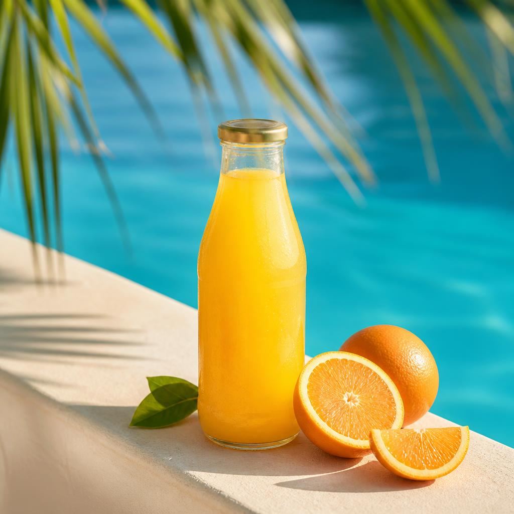 Verre de jus jaune entouré de fruits et de feuilles tropicales